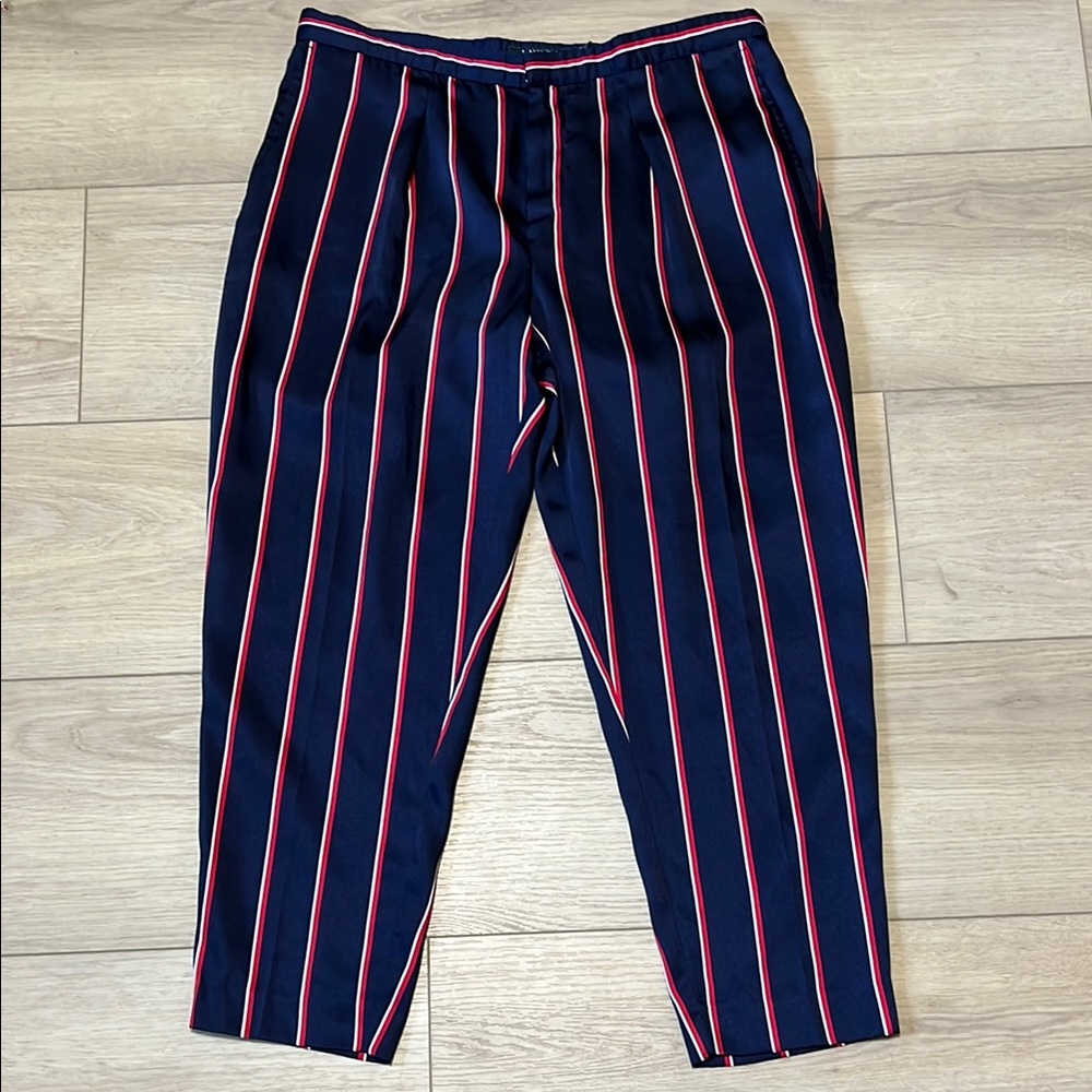 Lauren Ralph Lauren Pinstriped navy blue red white silk like dress pants W 10